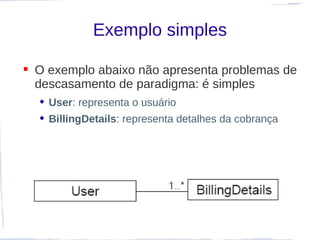 Exemplo simples

 O exemplo abaixo não apresenta problemas de
  descasamento de paradigma: é simples
   User: representa o usuário
   BillingDetails: representa detalhes da cobrança
 