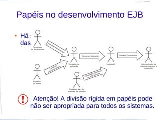 Papéis no desenvolvimento EJB

●   Há seis papéis especializados em cada uma
    das etapas do desenvolvimento EJB.




        Atenção! A divisão rígida em papéis pode
       não ser apropriada para todos os sistemas.
 