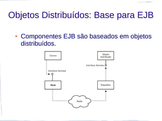 Objetos Distribuídos: Base para EJB

 ●   Componentes EJB são baseados em objetos
     distribuídos.
 