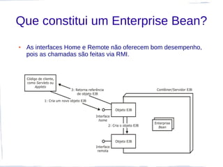 Que constitui um Enterprise Bean?
●   As interfaces Home e Remote não oferecem bom desempenho,
    pois as chamadas são feitas via RMI.
 