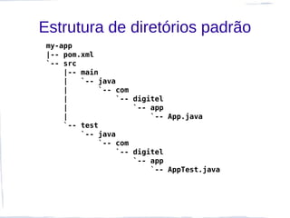 Estrutura de diretórios padrão
 my-app
 |-- pom.xml
 `-- src
     |-- main
     |   `-- java
     |       `-- com
     |           `-- digitel
     |               `-- app
     |                   `-- App.java
     `-- test
         `-- java
             `-- com
                 `-- digitel
                     `-- app
                         `-- AppTest.java
 