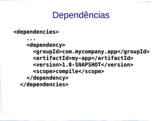 Dependências
<dependencies>
    ...
    <dependency>
      <groupId>com.mycompany.app</groupId>
      <artifactId>my-app</artifactId>
      <version>1.0-SNAPSHOT</version>
      <scope>compile</scope>
    </dependency>
  </dependencies>
 