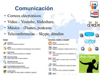 Comunicación Correos electrónicos Video – Youtube, Slideshare,  Música – iTtunes, podcasts Teleconferencias – Skype, dimdim 