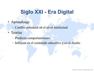 Siglo XXI - Era Digital Aprendizaje Cambio potencial en el nivel intelectual Teorías Predicen comportamientos Influyen en el contenido educativo y en el diseño 