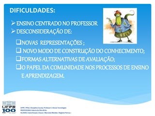 DIFICULDADES:
UFPR / PPGE. Disciplina: Escola, Professor e Novas Tecnologias
PROFESSORA: Gláucia da Silva Brito
ALUNAS: Cássia Araujo e Souza / Marciane Mendes / Regiane Porrua /
NOVAS REPRESENTAÇÕES ;
 NOVO MODODE CONSTRUÇÃODO CONHECIMENTO;
FORMAS ALTERNATIVAS DE AVALIAÇÃO;
O PAPEL DA COMUNIDADE NOS PROCESSOSDE ENSINO
E APRENDIZAGEM.
ENSINO CENTRADONO PROFESSOR
DESCONSIDERAÇÃO DE:
 