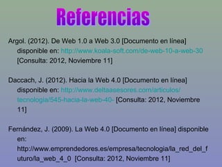 Argol. (2012). De Web 1.0 a Web 3.0 [Documento en línea]
disponible en: http://www.koala-soft.com/de-web-10-a-web-30
[Consulta: 2012, Noviembre 11]
Daccach, J. (2012). Hacia la Web 4.0 [Documento en línea]
disponible en: http://www.deltaasesores.com/articulos/
tecnologia/545-hacia-la-web-40- [Consulta: 2012, Noviembre
11]
Fernández, J. (2009). La Web 4.0 [Documento en línea] disponible
en:
http://www.emprendedores.es/empresa/tecnologia/la_red_del_f
uturo/la_web_4_0 [Consulta: 2012, Noviembre 11]
 