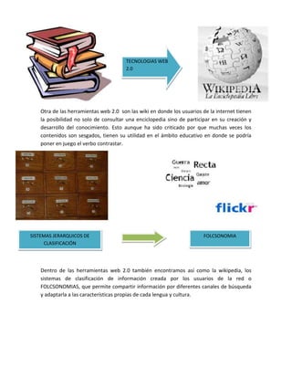 TECNOLOGIAS WEB
                                        2.0




    Otra de las herramientas web 2.0 son las wiki en donde los usuarios de la internet tienen
    la posibilidad no solo de consultar una enciclopedia sino de participar en su creación y
    desarrollo del conocimiento. Esto aunque ha sido criticado por que muchas veces los
    contenidos son sesgados, tienen su utilidad en el ámbito educativo en donde se podría
    poner en juego el verbo contrastar.




SISTEMAS JERARQUICOS DE                                                 FOLCSONOMIA
     CLASIFICACIÓN




    Dentro de las herramientas web 2.0 también encontramos así como la wikipedia, los
    sistemas de clasificación de información creada por los usuarios de la red o
    FOLCSONOMIAS, que permite compartir información por diferentes canales de búsqueda
    y adaptarla a las características propias de cada lengua y cultura.
 