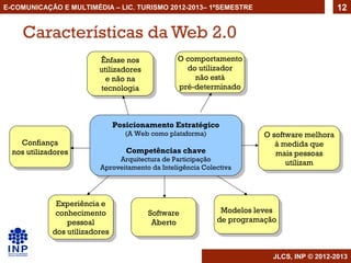E-COMUNICAÇÃO E MULTIMÉDIA – LIC. TURISMO 2012-2013– 1ºSEMESTRE                               12


     Características da Web 2.0
                          Ênfase nos              O comportamento
                                                  O comportamento
                           Ênfase nos
                          utilizadores              do utilizador
                                                     do utilizador
                           utilizadores
                            eenão na                  não está
                                                       não está
                               não na
                          tecnologia              pré-determinado
                                                   pré-determinado
                           tecnologia



                                 Posicionamento Estratégico
                                  Posicionamento Estratégico
                                    (A Web como plataforma)
                                     (A Web como plataforma)              O software melhora
                                                                          O software melhora
     Confiança
     Confiança                                                               ààmedida que
                                    Competências chave                          medida que
  nos utilizadores
   nos utilizadores                 Competências chave                       mais pessoas
                               Arquitectura de Participação                   mais pessoas
                                Arquitectura de Participação                    utilizam
                                                                                 utilizam
                          Aproveitamento da Inteligência Colectiva
                           Aproveitamento da Inteligência Colectiva



              Experiência ee
               Experiência
              conhecimento                Software              Modelos leves
                                                                 Modelos leves
               conhecimento                Software            de programação
                 pessoal
                  pessoal                  Aberto
                                            Aberto              de programação
             dos utilizadores
              dos utilizadores

                                                                            JLCS, INP © 2012-2013
 