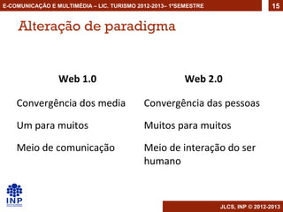 E-COMUNICAÇÃO E MULTIMÉDIA – LIC. TURISMO 2012-2013– 1ºSEMESTRE                     15


    Alteração de paradigma


                 Web 1.0                                Web 2.0

    Convergência dos media                  Convergência das pessoas

    Um para muitos                          Muitos para muitos

    Meio de comunicação                     Meio de interação do ser
                                            humano



                                                                  JLCS, INP © 2012-2013
 