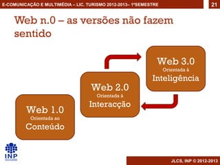 E-COMUNICAÇÃO E MULTIMÉDIA – LIC. TURISMO 2012-2013– 1ºSEMESTRE                        21


    Web n.0 – as versões não fazem
    sentido

                                                              Web 3.0
                                                                  Orientada à
                                                            Inteligência
                                   Web 2.0
                                      Orientada à
                                   Interacção
         Web 1.0
           Orientada ao
         Conteúdo


                                                                     JLCS, INP © 2012-2013
 