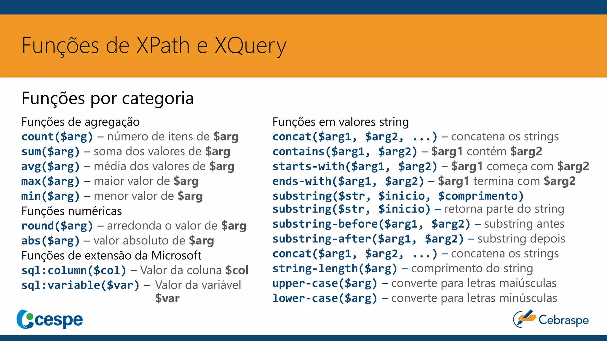 Funções de XPath e XQuery
Funções de agregação
count($arg) – número de itens de $arg
sum($arg) – soma dos valores de $arg
avg($arg) – média dos valores de $arg
max($arg) – maior valor de $arg
min($arg) – menor valor de $arg
Funções numéricas
round($arg) – arredonda o valor de $arg
abs($arg) – valor absoluto de $arg
Funções de extensão da Microsoft
sql:column($col) – Valor da coluna $col
sql:variable($var) – Valor da variável
$var
Funções em valores string
concat($arg1, $arg2, ...) – concatena os strings
contains($arg1, $arg2) – $arg1 contém $arg2
starts-with($arg1, $arg2) – $arg1 começa com $arg2
ends-with($arg1, $arg2) – $arg1 termina com $arg2
substring($str, $inicio, $comprimento)
substring($str, $inicio) – retorna parte do string
substring-before($arg1, $arg2) – substring antes
substring-after($arg1, $arg2) – substring depois
concat($arg1, $arg2, ...) – concatena os strings
string-length($arg) – comprimento do string
upper-case($arg) – converte para letras maiúsculas
lower-case($arg) – converte para letras minúsculas
Funções por categoria
 