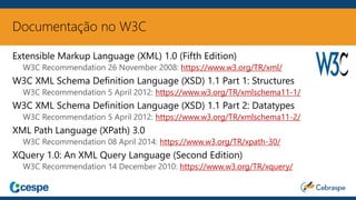Documentação no W3C
Extensible Markup Language (XML) 1.0 (Fifth Edition)
W3C Recommendation 26 November 2008: https://www.w3.org/TR/xml/
W3C XML Schema Definition Language (XSD) 1.1 Part 1: Structures
W3C Recommendation 5 April 2012: https://www.w3.org/TR/xmlschema11-1/
W3C XML Schema Definition Language (XSD) 1.1 Part 2: Datatypes
W3C Recommendation 5 April 2012: https://www.w3.org/TR/xmlschema11-2/
XML Path Language (XPath) 3.0
W3C Recommendation 08 April 2014: https://www.w3.org/TR/xpath-30/
XQuery 1.0: An XML Query Language (Second Edition)
W3C Recommendation 14 December 2010: https://www.w3.org/TR/xquery/
 