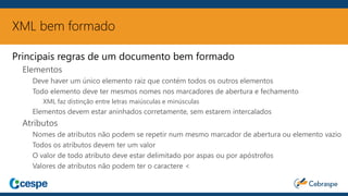 XML bem formado
Principais regras de um documento bem formado
Elementos
Deve haver um único elemento raiz que contém todos os outros elementos
Todo elemento deve ter mesmos nomes nos marcadores de abertura e fechamento
XML faz distinção entre letras maiúsculas e minúsculas
Elementos devem estar aninhados corretamente, sem estarem intercalados
Atributos
Nomes de atributos não podem se repetir num mesmo marcador de abertura ou elemento vazio
Todos os atributos devem ter um valor
O valor de todo atributo deve estar delimitado por aspas ou por apóstrofos
Valores de atributos não podem ter o caractere <
 
