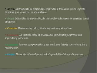 • Ancla. Instrumento de estabilidad, seguridad y tradición; quien lo porta
busca un punto sobre el cual asentarse.

• Ángel. Necesidad de protección, de trascender y de entrar en contacto con el
Universo.

• Caballo. Desenvuelto, veloz, dinámico, exitoso y simpático.

• Calavera. La victoria sobre la muerte, a la que desafía y enfrenta con
seguridad y paciencia.

• Corazón. Persona comprometida y pasional, con interés concreto en dar y
recibir amor.

• Delfín. Devoción, libertad y amistad, disponibilidad de ayuda y apoyo.
 
