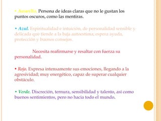 • Amarillo. Persona de ideas claras que no le gustan los
puntos oscuros, como las mentiras.

• Azul. Espiritualidad e intuición, de personalidad sensible y
delicada que tiende a la baja autoestima; espera ayuda,
protección y buenos consejos.

• Negro. Necesita reafirmarse y resaltar con fuerza su
personalidad.

• Rojo. Expresa intensamente sus emociones, llegando a la
agresividad; muy energético, capaz de superar cualquier
obstáculo.

• Verde. Discreción, ternura, sensibilidad y talento, así como
buenos sentimientos, pero no hacia todo el mundo.
 