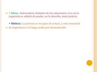   • Mano. Autocontrol, dominio de las emociones; si es en la
    izquierda es anhelo de poder, en la derecha, ansía justicia.

    • Muñeca. La persona es incapaz de actuar, y esta sensación
   de impotencia a la larga acaba por desmotivarle.
 