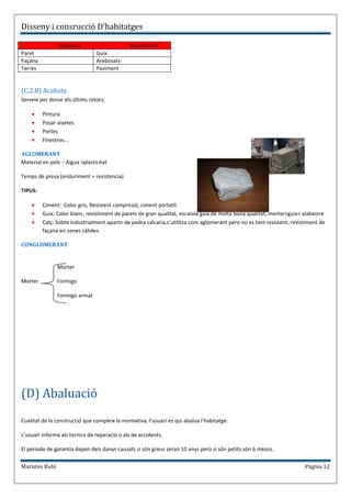 Disseny i consrucció D’habitatges

                Elements                      Revistiment
Paret                           Guix
Façana                          Arebosats
Terres                          Paviment


(C.2.8) Acabats
Serveix per donar els últims retocs:

         Pintura
         Posar aixetes
         Portes
         Finestres...

AGLOMERANT
Material en pols – Aigua >plasticitat

Temps de presa (enduriment = resistencia)

TIPUS:

         Ciment: Color gris, Resistent compresió, ciment portatil.
         Guix: Color blanc, revistiment de parets de gran qualitat, escaiola guix de molta bona qualitat, morter+guix= alabastre
         Calç: Sobte industrialment apartir de pedra calcaria,s’utilitza com aglomerant pero no es tant resistent, revistiment de
         façana en zones càlides.

CONGLOMERANT


                Morter

Morter          Formigo

                Formigo armat




(D) Abaluació
Cualitat de la construcció que compleix la normativa, l’usuari es qui abalua l’habitatge.

L’usuari informa als tecnics de reparació o als de accidents.

El periode de garantia depen dels danys causats si són greus seran 10 anys pero si són petits són 6 mesos.

Maristes Rubí                                                                                                           Página 12
 