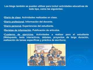Los blogs también se pueden utilizar para incluir actividades educativas de todo tipo, como las siguientes: Diario de clase . Actividades realizadas en clase. Diario profesional . Información del docente. Diario personal . Experiencias del estudiante. Revistas de información . Publicación de artículos. Cuaderno de ejercicios . Actividades a realizar para el estudiante (Webquests, tests interactivos, debates, proyectos de larga duración, realización de tareas especificas y práctica de escritura). 