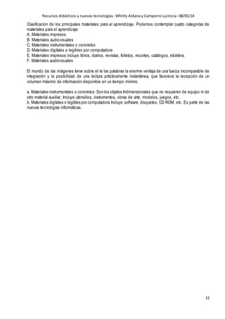 Recursos didácticos y nuevas tecnologías- Whitty Aldana y Camporro Lucrecia- 08/05/14
12
Clasificación de los principales materiales para el aprendizaje. Podemos contemplar cuatro categorías de
materiales para el aprendizaje:
A. Materiales impresos
B. Materiales audiovisuales
C. Materiales instrumentales o concretos
D. Materiales digitales o legibles por computadora
E. Materiales impresos incluye libros, diarios, revistas, folletos, recortes, catálogos, etcétera.
F. Materiales audiovisuales
El mundo de las imágenes tiene sobre el le las palabras la enorme ventaja de una fuerza incomparable de
integración y la posibilidad de una lectura prácticamente instantánea, que favorece la recepción de un
volumen máximo de información disponible en un tiempo mínimo.
a. Materiales instrumentales o concretos: Son los objetos tridimensionales que no requieren de equipo ni de
otro material auxiliar, Incluye utensilios, instrumentos, obras de arte, modelos, juegos, etc.
b. Materiales digitales o legibles por computadora Incluye software, disquetes, CD ROM, etc. Es parte de las
nuevas tecnologías informáticas.
 
