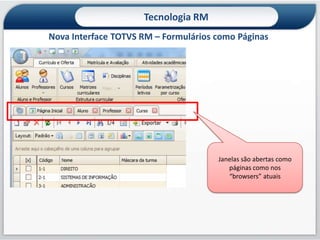 Tecnologia RMArquitetura de conectividade com o RM“TBC" é a ferramenta de integração da linha RM, que integra a solução TOTVS com outros sistemas por meio de serviços