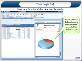 Integração de recursos gerenciaisTecnologia RMNova Interface com Usuário: Atalhos para execução Todas as funcionalidades do RM podem ser localizadas e executadas através de seus nomes ou apelidos