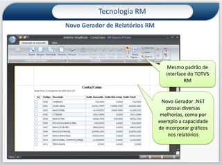 Tecnologia RMNovo módulo de Recursos Gerenciais: Painel de MetasNeste exemplo este indicador é criado à partir de uma expressão matemática que envolve outros 3 indicadoresMeta a ser atingida(F+G)*0,80(A * 2) + B(C+D)+(E/2)Indicadores de desempenho são criados à partir de Consultas SQL, mas pode-se também informar valores manualmente para simulaçãoFGDemoDEABC46