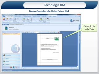 Tecnologia RMNovo módulo de Recursos Gerenciais: Painel de MetasO Painel de Metas é atualizado através de um processo de cálculoCada indicador presente no painel de metas tem seu histórico armazenado, podendo ser visualizado graficamentePara cada indicador pode ser informado um plano de ação para compor um relatório finalDemoPainel de Metas em 10 minutos47