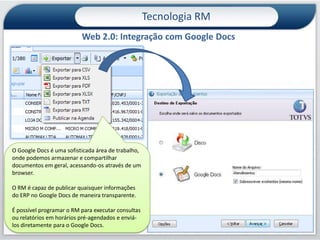 Tecnologia RMPlanilha .NET – Integração com ExcelO RM integra-se naturalmente ao Microsoft Excel, permitindo o acesso aos dados do ERP respeitando-se todas as regras e permissões de acesso configuradasO acesso aos dados do RM é realizado através de Consultas SQLCélulas da planilha podem ser utilizadas como parâmetroDemo49