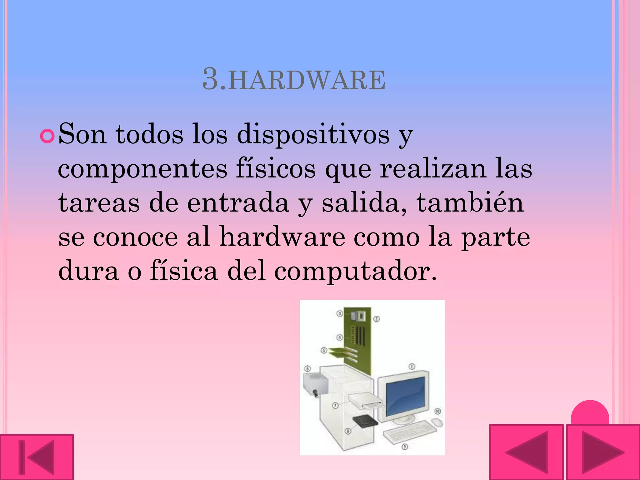 3.HARDWARE
Son todos los dispositivos y
componentes físicos que realizan las
tareas de entrada y salida, también
se conoce al hardware como la parte
dura o física del computador.
 