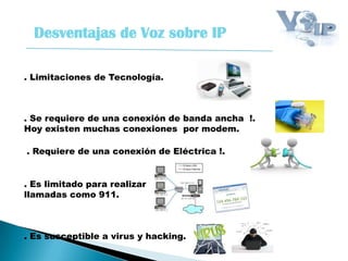 Desventajas de Voz sobre IP
. Limitaciones de Tecnología.
. Se requiere de una conexión de banda ancha !.
Hoy existen muchas conexiones por modem.
. Requiere de una conexión de Eléctrica !.
. Es limitado para realizar
llamadas como 911.
. Es susceptible a virus y hacking.
 