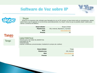 Software de Voz sobre IP
Desarrollador Skype Limited
Plataformas iOS, Android, Blackberry, Symbian
Web www.skype.com
Precios 0€
Skype
Skype es el programa más utilizado para llamadas de voz en PC aunque no tiene tanto éxito en smartphones, debido
sobre todo a que la agenda no se sincroniza automáticamente. Su mayor virtud es que es posible añadir crédito para
llamar a números de teléfono.
Desarrollador Tango
Plataformas iOS, Android
Web www.tango.me
Precios 0€
CARACTERÍSTICAS
•Cliente para casi todas las plataformas
•Llamadas de voz
•Videollamada
•Llamar a teléfonos convencionales (mediante la compra de créditos)
Tango
 
