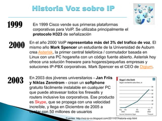1999
2000
Historia Voz sobre IP
En 1999 Cisco vende sus primeras plataformas
corporativas para VoIP. Se utilizaba principalmente el
protocolo H323 de señalización
En el año 2000 VoIP representaba más del 3% del trafico de voz. El
mismo año Mark Spencer un estudiante de la Universidad de Auburn
crea Asterisk, la primer central telefónica / conmutador basada en
Linux con una PC hogareña con un código fuente abierto. Asterisk hoy
ofrece una solución freeware para hogares/pequeñas empresas y
soluciones IP-PBX corporativas. Mark Spencer es el CEO de Digium.
En 2003 dos jóvenes universitarios - Jan Friis
y Niklas Zenntrom - crean un softphone
gratuito fácilmente instalable en cualquier PC
que puede atravesar todos los firewalls y
routers inclusive los corporativos. Ese producto
es Skype, que se propaga con una velocidad
increíble, y llega en Diciembre de 2005 a
contar con 50 millones de usuarios
2003
Fuentes http://voz-ip-co.blogspot.com/2011/07/historia-voip.html
 