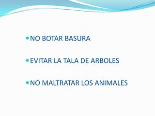  NO BOTAR BASURA


 EVITAR LA TALA DE ARBOLES


 NO MALTRATAR LOS ANIMALES
 
