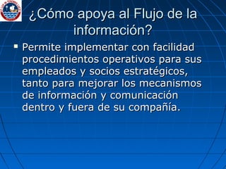 ¿Cómo apoya al Flujo de la¿Cómo apoya al Flujo de la
información?información?
 Permite implementar con facilidadPermite implementar con facilidad
procedimientos operativos para susprocedimientos operativos para sus
empleados y socios estratégicos,empleados y socios estratégicos,
tanto para mejorar los mecanismostanto para mejorar los mecanismos
de información y comunicaciónde información y comunicación
dentro y fuera de su compañía.dentro y fuera de su compañía.
 