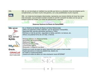 10
XML XML es una tecnología en realidad muy sencilla que tiene a su alrededor otras tecnologías que la
complementan y la hacen mucho más grande y con unas posibilidades mucho mayores.
XML, con todas las tecnologías relacionadas, representa una manera distinta de hacer las cosas,
más avanzada, cuya principal novedad consiste en permitir compartir los datos con los que se
trabaja a todos los niveles, por todas las aplicaciones y soportes.
Sistemas Gestores de Bases de DatosDBMS
SQL server Es un Sistema de Gestión de Bases de Datos Relacionales
Utiliza una extensión al SQL estándar, que se denomina TransactSQL.
Seguridad SQL permite administrar permisos a TODO
Permisos a nivel de servidor, seguridad en tablas, permitir o no lectura, etc.
Ofrece una potente forma de unir SQL e Internet.
MySQL Múltiples motores de almacenamiento.
Agrupación de transacciones.
Replicación segura.
Planificación de eventos.
Conectividad segura.
Búsqueda e indagación de datos
Oracle. Oracle es el motor de base de datos relacional más usado a nivel mundial.
Puede ejecutarse en todas las plataformas, desde una
PC hasta un supercomputador.
Oracle es la base de datos con más orientación hacía INTERNET
 