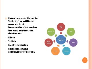    Para compartir en la
    Web 2.0 se utilizan
    una serie de
    herramientas, entre
    las que se pueden
    destacar:
-   Blogs
-   Wikis
-   Redes sociales
-   Entornos para
    compartir recursos
 