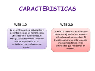 CARACTERISTICAS
WEB 1.0 WEB 2.0
La web 2.0 permite a estudiantes y
docentes mejorar las herramientas
utilizadas en el aula de clase. El
trabajo colaborativo esta tomando
mucha importancia en las
actividades que realicemos en
internet.
La web 2.0 permite a estudiantes y
docentes mejorar las herramientas
utilizadas en el aula de clase. El
trabajo colaborativo esta tomando
mucha importancia en las
actividades que realicemos en
internet.
 