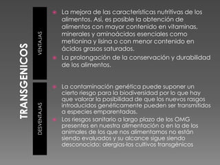 VENTAJASDESVENTAJAS
 La mejora de las características nutritivas de los
alimentos. Así, es posible la obtención de
alimentos con mayor contenido en vitaminas,
minerales y aminoácidos esenciales como
metionina y lisina o con menor contenido en
ácidos grasos saturados.
 La prolongación de la conservación y durabilidad
de los alimentos.
 La contaminación genética puede suponer un
cierto riesgo para la biodiversidad por lo que hay
que valorar la posibilidad de que los nuevos rasgos
introducidos genéticamente pueden ser transmitidos
a especies emparentadas.
 Los riesgos sanitario a largo plazo de los OMG
presentes en nuestra alimentación o en la de los
animales de los que nos alimentamos no están
siendo evaluados y su alcance sigue siendo
desconocido: alergias-los cultivos transgénicos
 