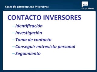 Fases de contacto con Inversores


 CONTACTO INVERSORES
     – Identificación
     – Investigación
     – Toma de contacto
     – Conseguir entrevista personal
     – Seguimiento
 