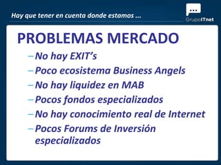 Hay que tener en cuenta donde estamos ...


 PROBLEMAS MERCADO
     – No hay EXIT’s
     – Poco ecosistema Business Angels
     – No hay liquidez en MAB
     – Pocos fondos especializados
     – No hay conocimiento real de Internet
     – Pocos Forums de Inversión
       especializados
 