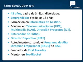 Carlos Blanco ¿Quién soy?

  •   43 años, padre de 3 hijos, divorciado.
  •   Emprendedor desde los 13 años
  •   Formación en Informática de Gestión.
  •   Masters en Telecomunicaciones (UPF),
      Multimedia (UAB), Dirección Proyectos (ICT).
  •   Entrenador de Fútbol.
  •   Director Deportivo (RFEF).
  •   Actualmente cursando el Programa de Alta
      Dirección Empresarial (PADE) en IESE.
  •   Fundador de First Tuesday
  •   Mentor en SeedRocket
 