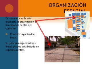 En su mayoría los edificios tienen una forma lineal, y la escala en todo el conjunto es proporcional respecto a cada espacio que lo componen. Es ela adecuada para realizar las funciones de los estudiantes dentro de estos.RELACION ESPACIALSon las relaciones que guarda un espacio con otro, referido en términos de interacción.Tipo de relación: Continuidad. Puesto que cada uno de los espacios se identifican con facilidad y resultan funcionales.