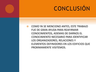 Los principios ordenadores del diseño pueden ser como Simetría , Eje, Jerarquía ,Ritmo, Repetición, Pauta, Transformación, Transición ,Unidad ,Directriz, Equilibrio Adición y substracción , Armonía, Carácter, Coherencia, Claridad, Textura, Proporción ,Posición Plasticidad, Continuidad,Dimensión ,Escala, Color, Contraste, Variedad Sinceridad, Simbolismo, Rigidez ,Modulación ,Familiaridad ,Trama En el edificio T  podemos encontrar en su facha da los siguientes elementos : Simetría , Eje, Equilibrio , Textura. La simetría parte la T en dos porque hay se encuentra la misma cantidad de elementos de un lado y otro esto mismo presenta una armonía y un equilibrio visual.Principios ordenadores del diseño.