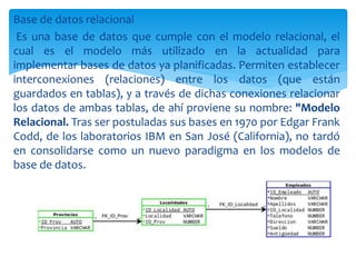 Base de datos relacional
Es una base de datos que cumple con el modelo relacional, el
cual es el modelo más utilizado en la actualidad para
implementar bases de datos ya planificadas. Permiten establecer
interconexiones (relaciones) entre los datos (que están
guardados en tablas), y a través de dichas conexiones relacionar
los datos de ambas tablas, de ahí proviene su nombre: "Modelo
Relacional. Tras ser postuladas sus bases en 1970 por Edgar Frank
Codd, de los laboratorios IBM en San José (California), no tardó
en consolidarse como un nuevo paradigma en los modelos de
base de datos.
 