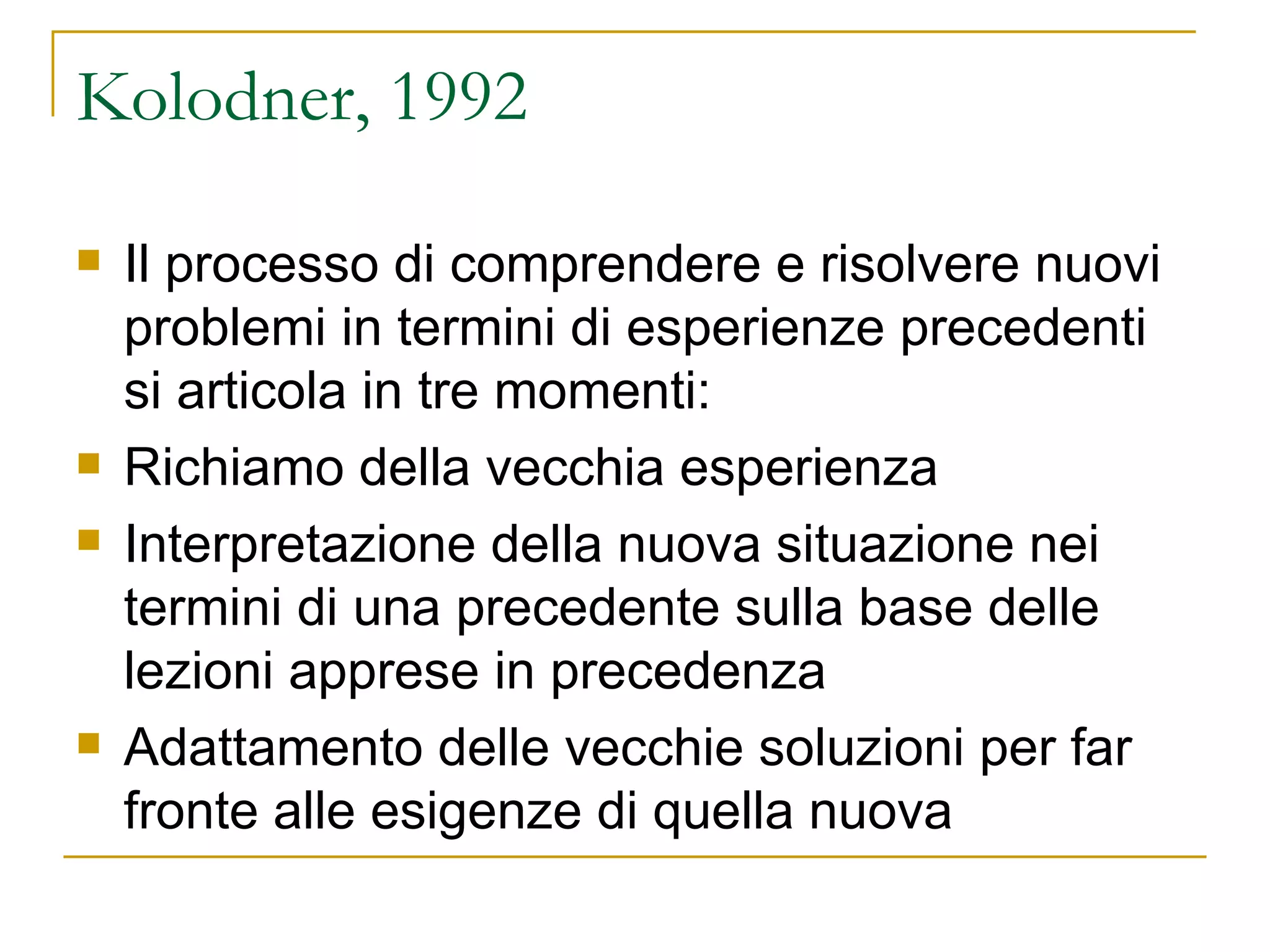 Kolodner, 1992 Il processo di comprendere e risolvere nuovi problemi in termini di esperienze precedenti si articola in tre momenti:  Richiamo della vecchia esperienza Interpretazione della nuova situazione nei termini di una precedente sulla base delle lezioni apprese in precedenza Adattamento delle vecchie soluzioni per far fronte alle esigenze di quella nuova 