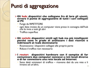 Punti di aggregazione Gli  hub:   dispositivi che collegano fra di loro gli utenti, ovvero il punto di aggregazione di tutti i cavi collegati al PC  Funge da RIPETITORE ogni dato inviato da un computer viene preso in consegna dall’hub che lo invia a tutti gli altri Traffico superfluo Gli  switch:  dispositivi simili agli hub ma più intelligenti perché sono in grado di analizzare i dati ricevuti e indirizzarli al reale destinatario Riconoscono i dispositivi collegati alle proprie porte Riduce il traffico non necessario I  router:  dispositivi hardware con il compito di far comunicare due computer connessi a reti locali diverse o di far connettere una rete locale ad Internet Sono detti smistatori di traffico – ricevono dati da una rete e li inviano ad un’altra. 