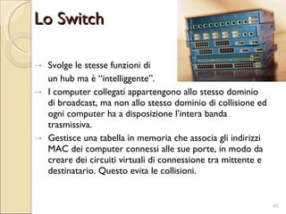 Lo Switch Svolge le stesse funzioni di  un hub ma è “intelliggente”. I computer collegati appartengono allo stesso dominio di broadcast, ma non allo stesso dominio di collisione ed ogni computer ha a disposizione l’intera banda trasmissiva. Gestisce una tabella in memoria che associa gli indirizzi MAC dei computer connessi alle sue porte, in modo da creare dei circuiti virtuali di connessione tra mittente e destinatario. Questo evita le collisioni. 
