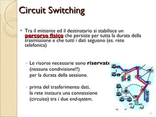Tra il mittente ed il destinatario si stabilisce un  percorso fisico  che persiste per tutta la durata della trasmissione e che tutti i dati seguono (es. rete telefonica) Le risorse necessarie sono  riservate   (nessuna condivisione!!)  per la durata della sessione. prima del trasferimento dati,  la rete instaura una connessione  (circuito) tra i due  end-system . Circuit Switching 