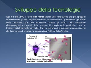 Agli inizi del 1900 il fisico Max Planck giunse alla conclusione che per spiegare
correttamente gli esiti degli esperimenti, era necessario "quantizzare" gli effetti
delle radiazioni. Era cioè necessario trattare gli effetti della radiazione
elettromagnetica e quindi dello scambio di energia nelle particelle, come se
fossero portati da delle particelle. Tra gli esperimenti inspiegabili qualora si pensi
alla luce come ad un'onda luminosa, vi era l'effetto fotoelettrico.




                      Fig. 1 Ciò che aveva già osservato Hertz, prima che si
                      affermasse il concetto di elettrone.
 
