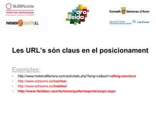 Les URL’s són claus en el posicionament
Exemples:
- http://www.hotelvallferrera.com/activitats.php?lang=ca&act=rafting-aventura
- http://www.edreams.es/coches/
- http://www.edreams.es/hoteles/
- http://www.lleidatur.com/turisme/quefer/esports/esqui.aspx
 